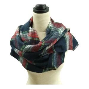 Hollister Long Plaid Fringed Scarf Black Blue